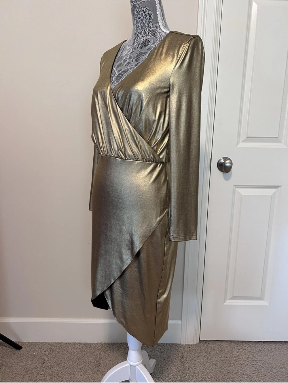 bebe Metallic Gold Wrap-Front Long Sleeve Midi Dress - Picture 7 of 9